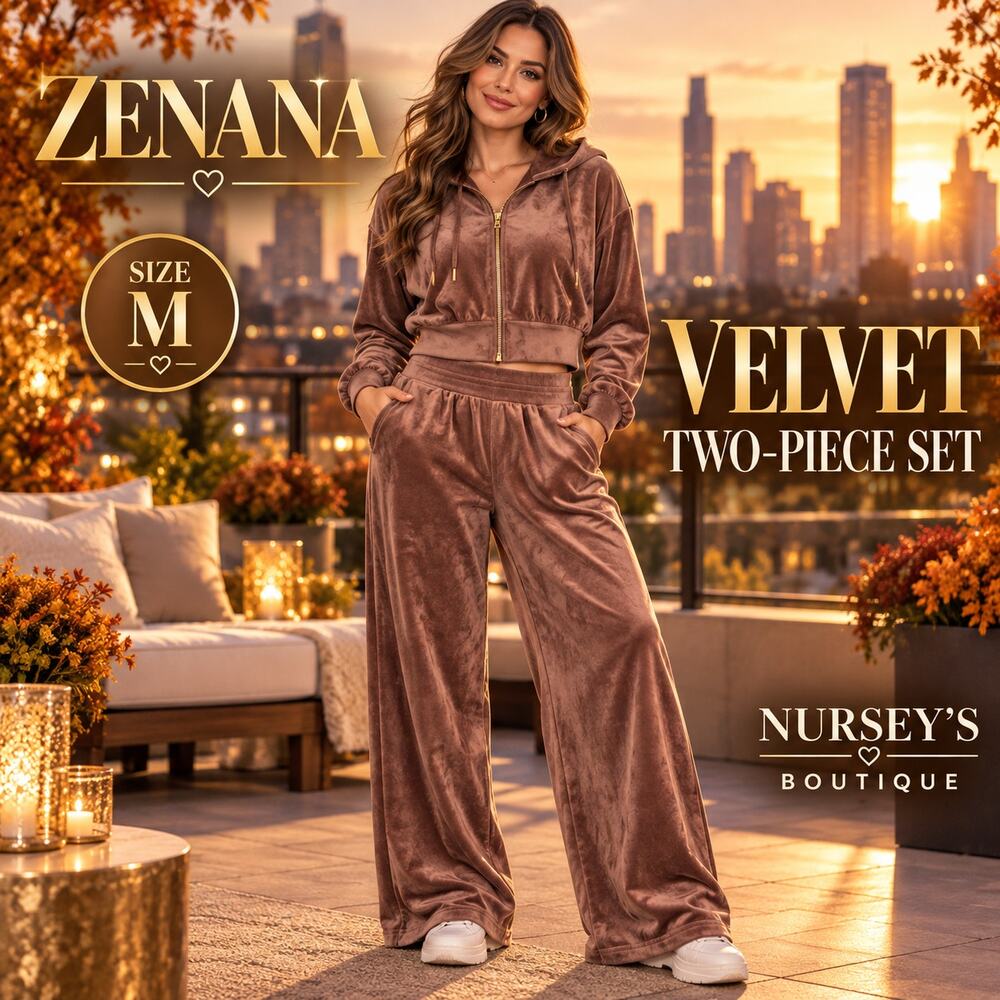 Zenana Velvet Velour Hoodie Wide Leg Pants Set Ash Mocha M NIB